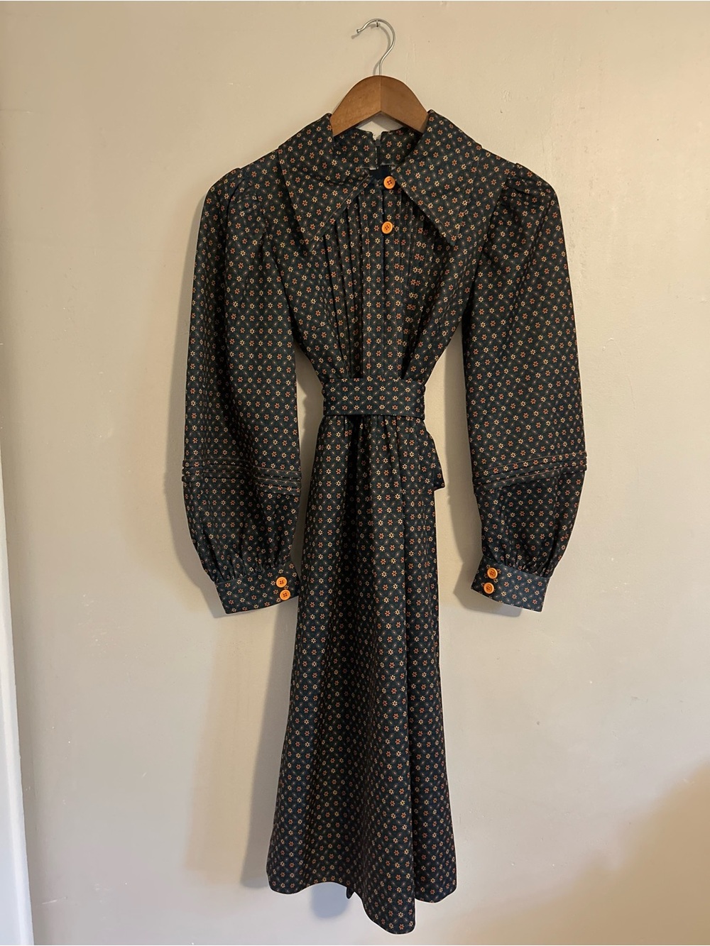 Vintage Navy Orange 60s 70s Collared Long Sleeve Dress Belted Small Calico Flora
